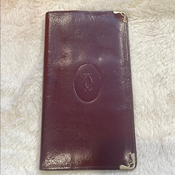 Burgundy Cartier Bifold Leather Wallet with Gold Accents